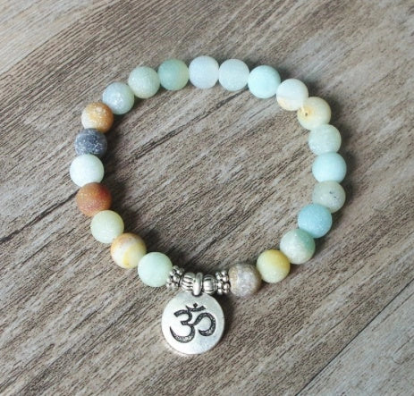 Handmade Matte Amazonite Yoga Chakra Bracelet with OM and Lotus charms