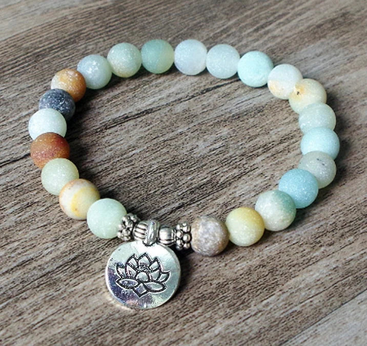 Handmade Matte Amazonite Yoga Chakra Bracelet with OM and Lotus charms