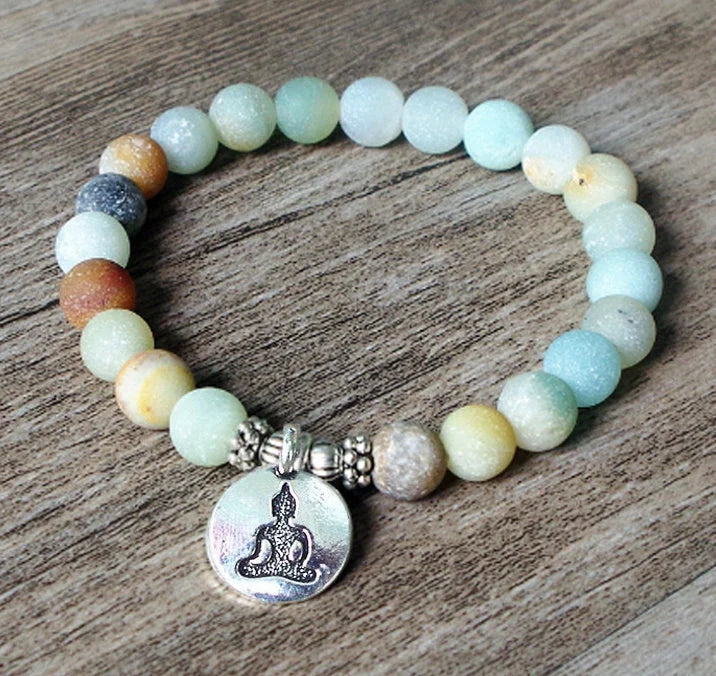 Handmade Matte Amazonite Yoga Chakra Bracelet with OM and Lotus charms