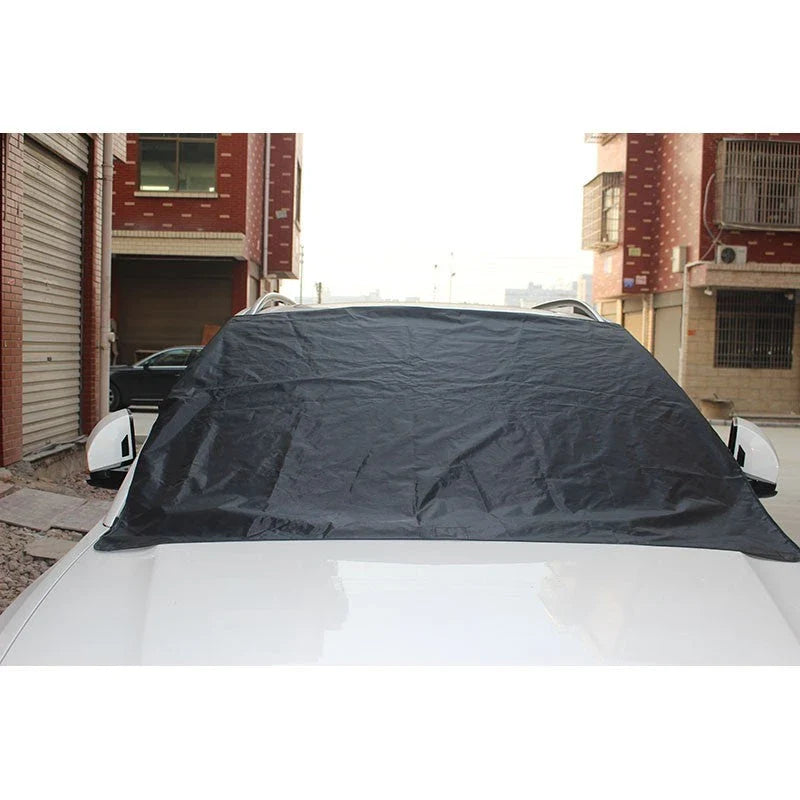 Premium magnetic car windshield cover in silver and black, designed to protect against snow, ice, and sun glare for safe and hassle-free driving.