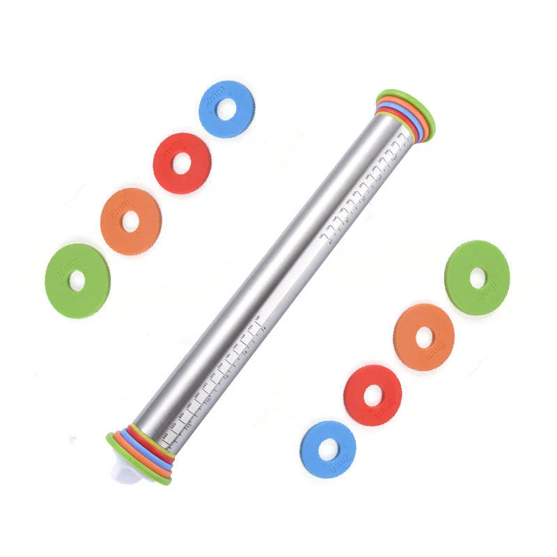 17-inch stainless steel rolling pin with adjustable thickness scales for precise dough control
