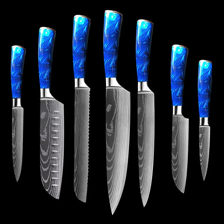 Premium 8-inch Chef Knife with elegant blue resin handle and stainless steel blade
