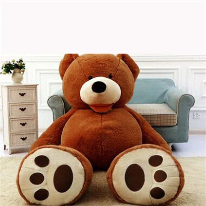 Colossal plush teddy bear in various sizes and colors, including light brown, dark brown, gray, white, pink, and purple