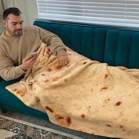 Supremely soft flannel burrito blanket in round and rectangular shapes, featuring vibrant food-themed print for cozy indoor and outdoor use