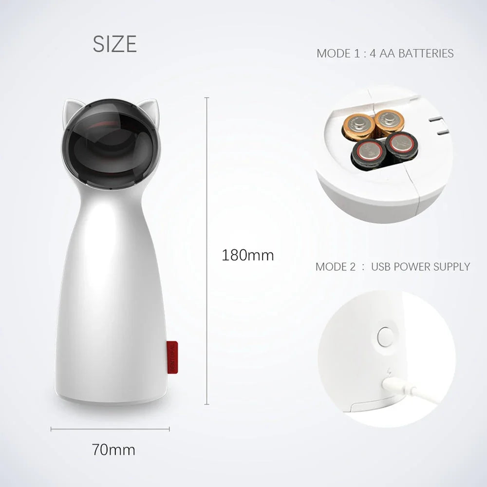 A white, automatic LED laser cat toy that provides endless entertainment for felines by engaging their natural hunting instincts.