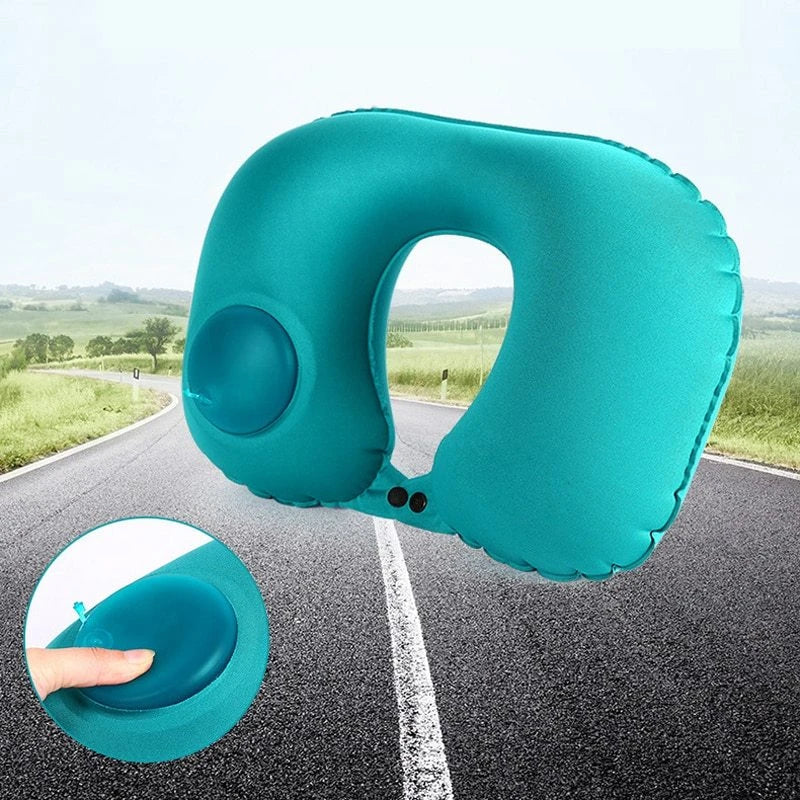 Inflatable travel pillow with U-shaped design for neck and head support, available in multiple colors
