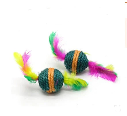 A handcrafted cat toy made from solid wood and natural materials, featuring a feather-on-a-stick design to captivate and engage your feline friend.
