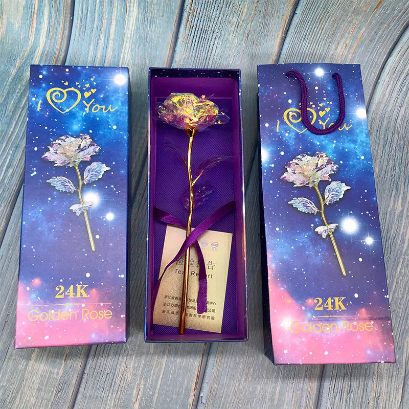 A luxurious 24K gold-plated rose flower bouquet set with a gift box and tote bag