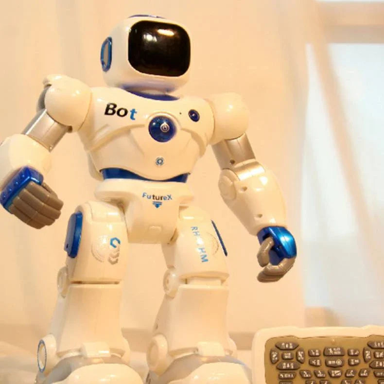 Remote-controlled robot with mobile app, flexible pulley, and soft LED lights for early years educational use