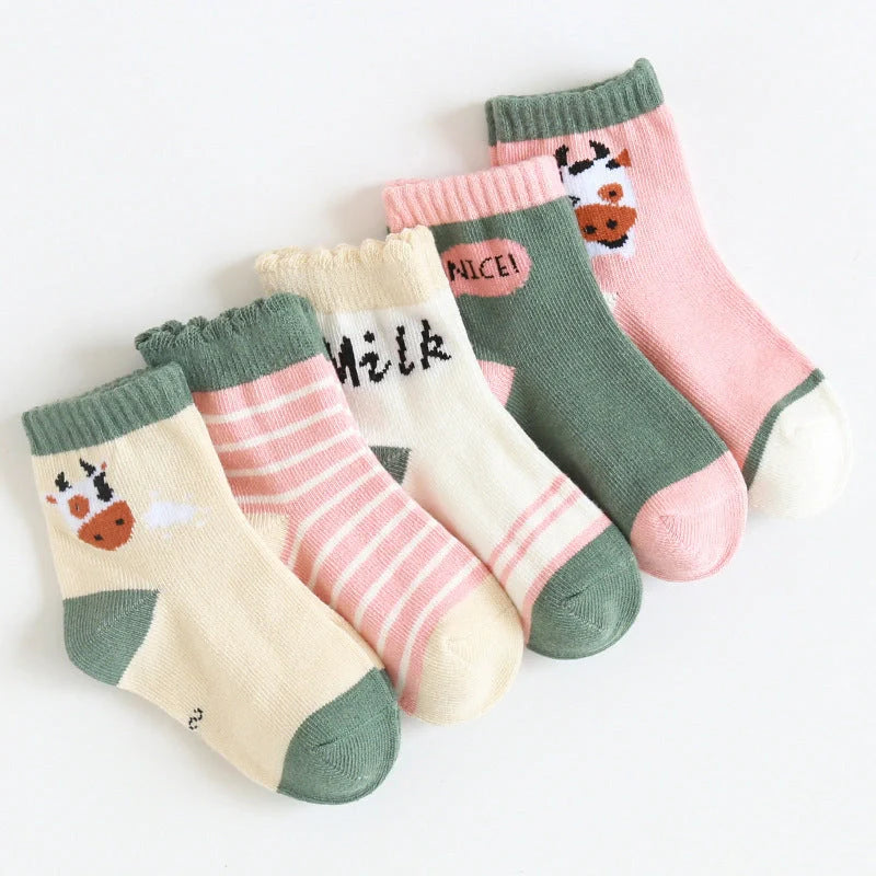 Kids' cartoon jacquard cotton socks in various fun designs for comfort and style