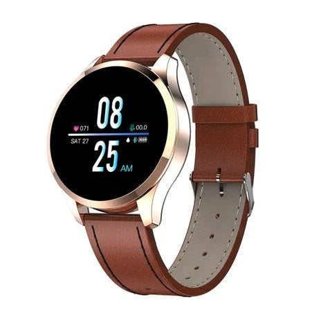 Stylish circular smartwatch with premium materials and advanced health and fitness tracking features
