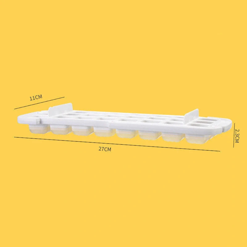 Quick demould ice cube tray set with storage box in yellow, blue, and pink