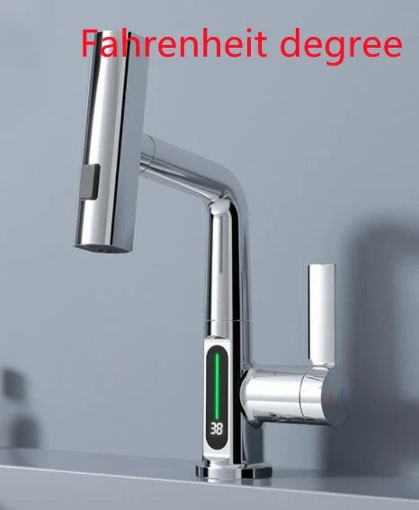 Versatile digital kitchen faucet with temperature display, 360-degree swivel, and pull-out design for enhanced maneuverability and precise water temperature control