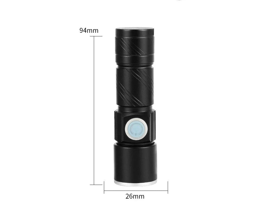 Compact, waterproof and rechargeable LED torch with USB charging, made from durable aluminium alloy for outdoor and emergency use