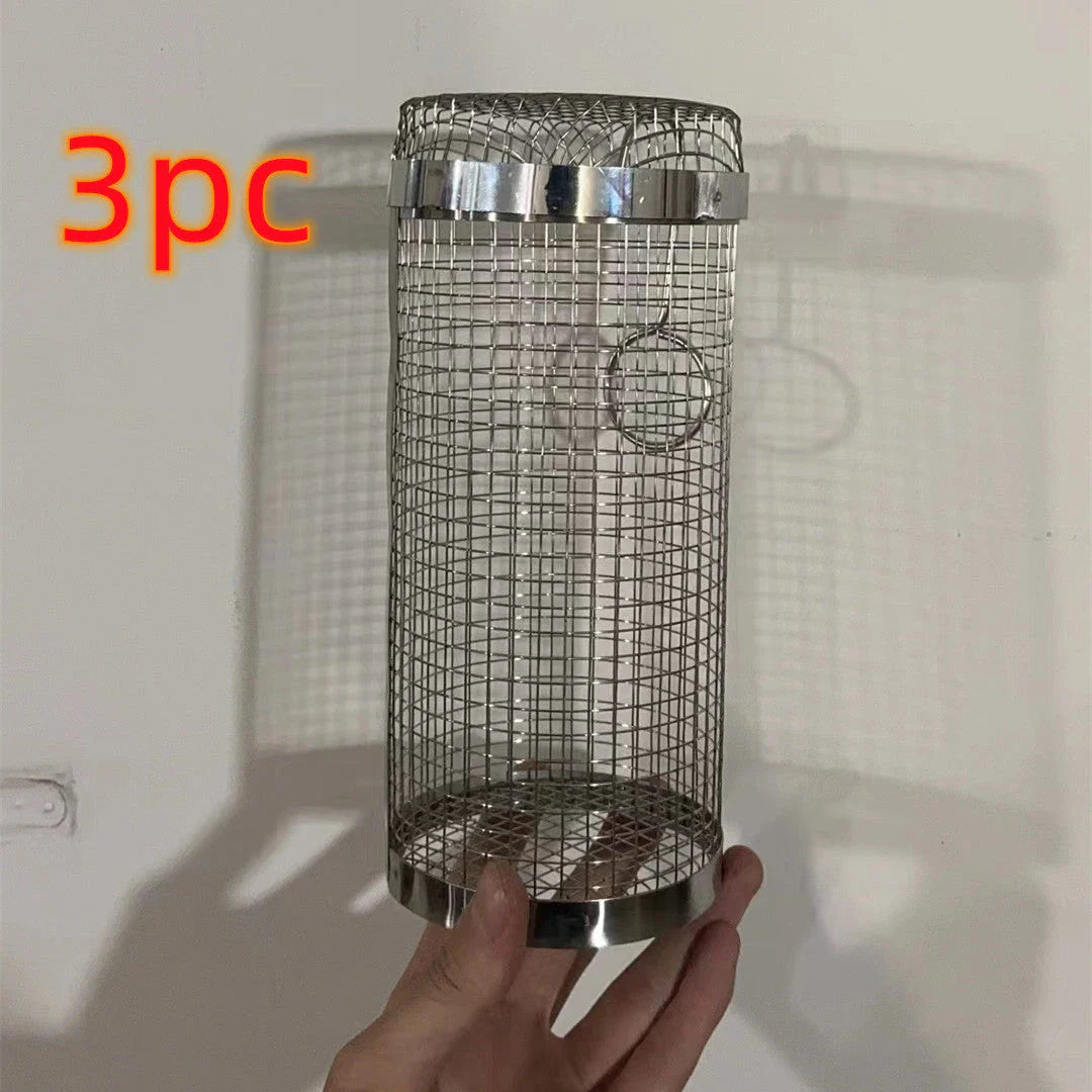 A stainless steel wire mesh grilling basket with a round shape, designed for versatile outdoor cooking and barbecue.
