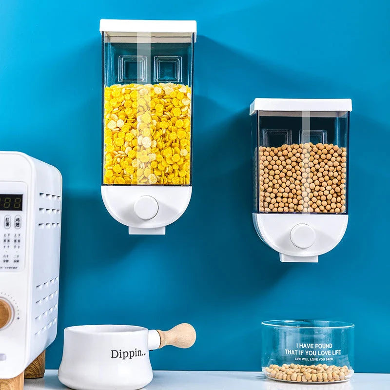 Convenient kitchen food storage container with transparent design, wall-mounted for space-saving storage of cereals, snacks, and other dry goods