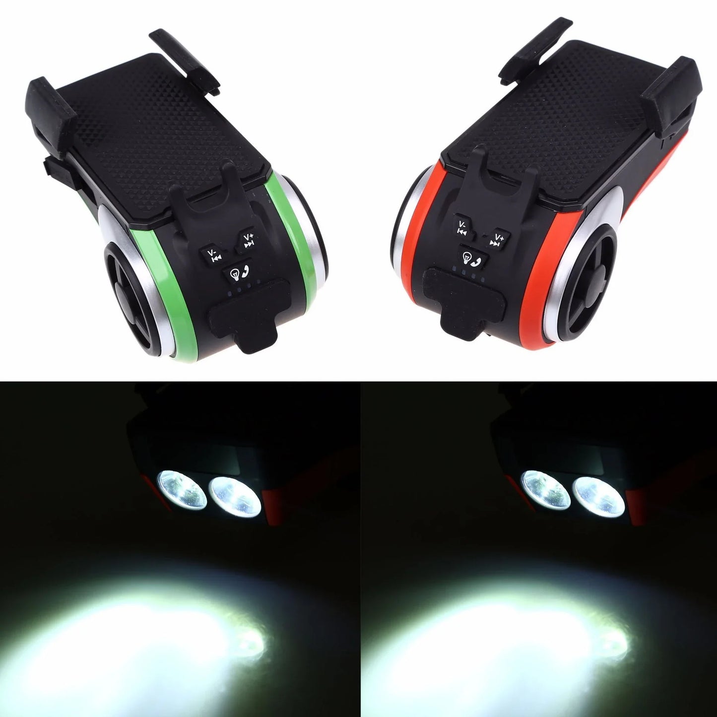 Versatile bicycle accessory with Bluetooth audio, LED lighting, power bank, phone holder, and ring bell