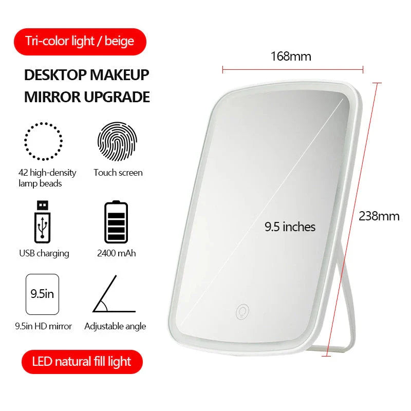 Adjustable LED makeup mirror with three-colour lighting, high-definition glass, and foldable design for versatile grooming on the go