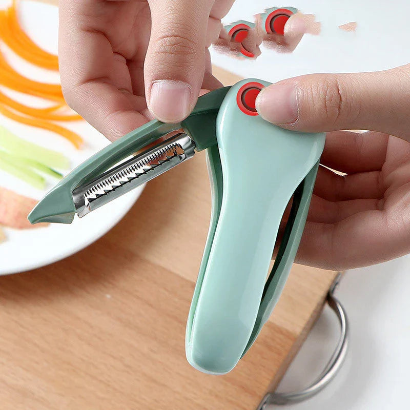 A versatile kitchen tool with a stainless steel blade that can peel, pare, grate, and scrape a variety of fruits and vegetables