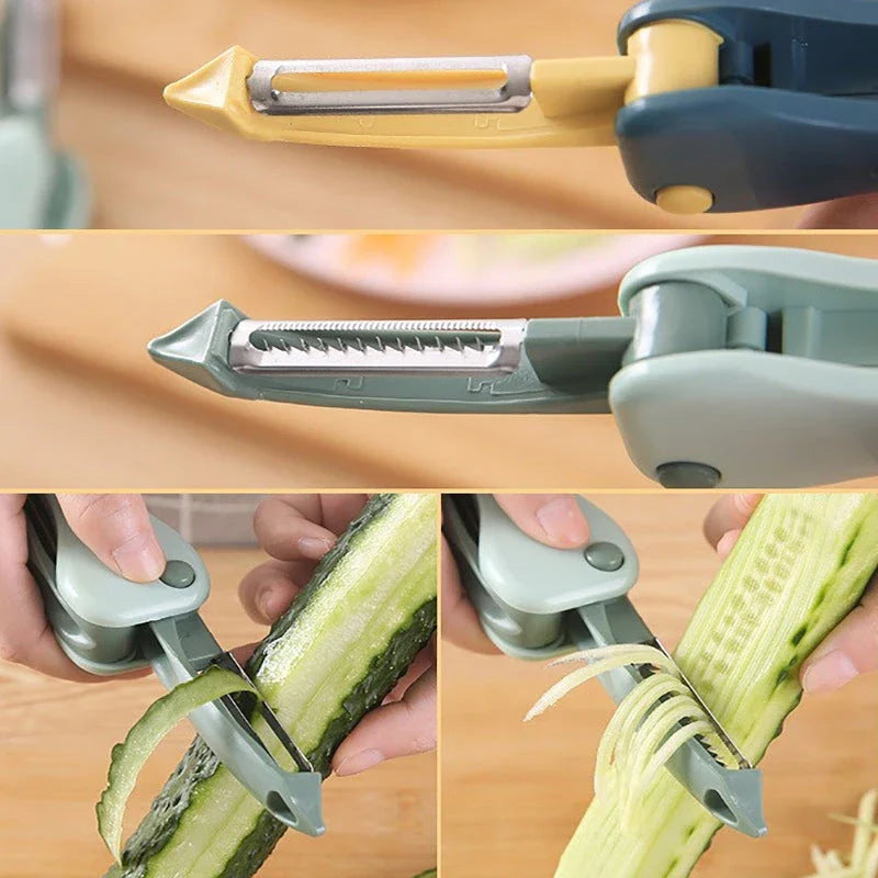 A versatile kitchen tool with a stainless steel blade that can peel, pare, grate, and scrape a variety of fruits and vegetables