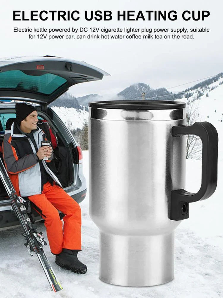 Portable stainless steel car kettle with 12V heating element and vacuum insulation for keeping drinks hot on the go