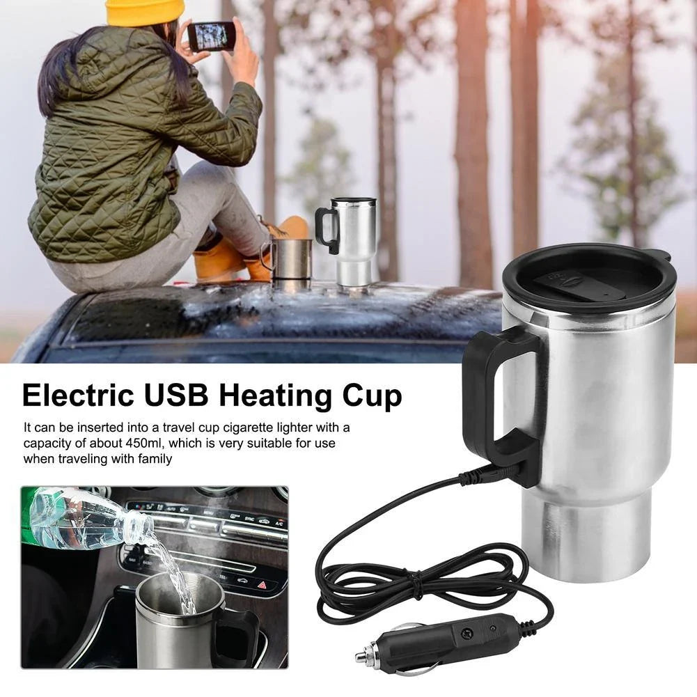 Portable stainless steel car kettle with 12V heating element and vacuum insulation for keeping drinks hot on the go