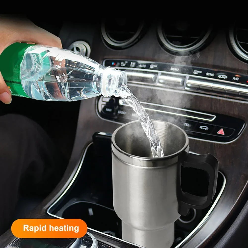 Portable stainless steel car kettle with 12V heating element and vacuum insulation for keeping drinks hot on the go