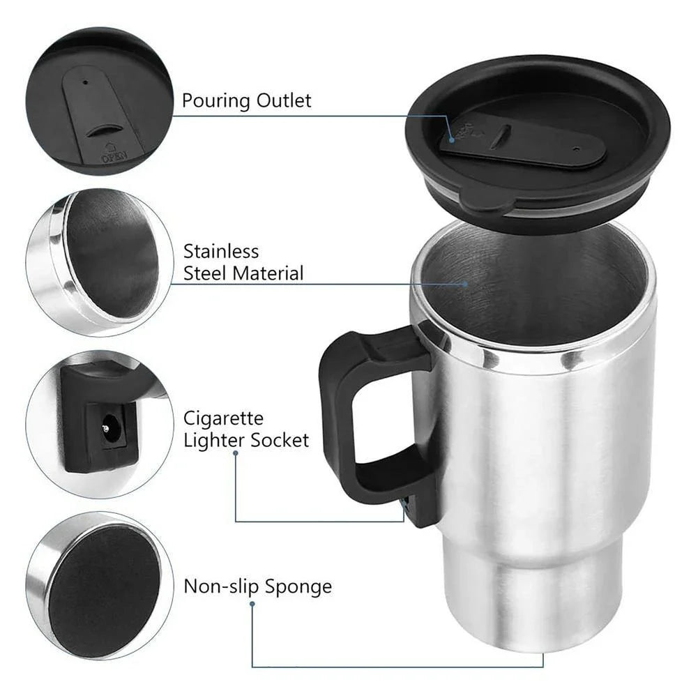 Portable stainless steel car kettle with 12V heating element and vacuum insulation for keeping drinks hot on the go