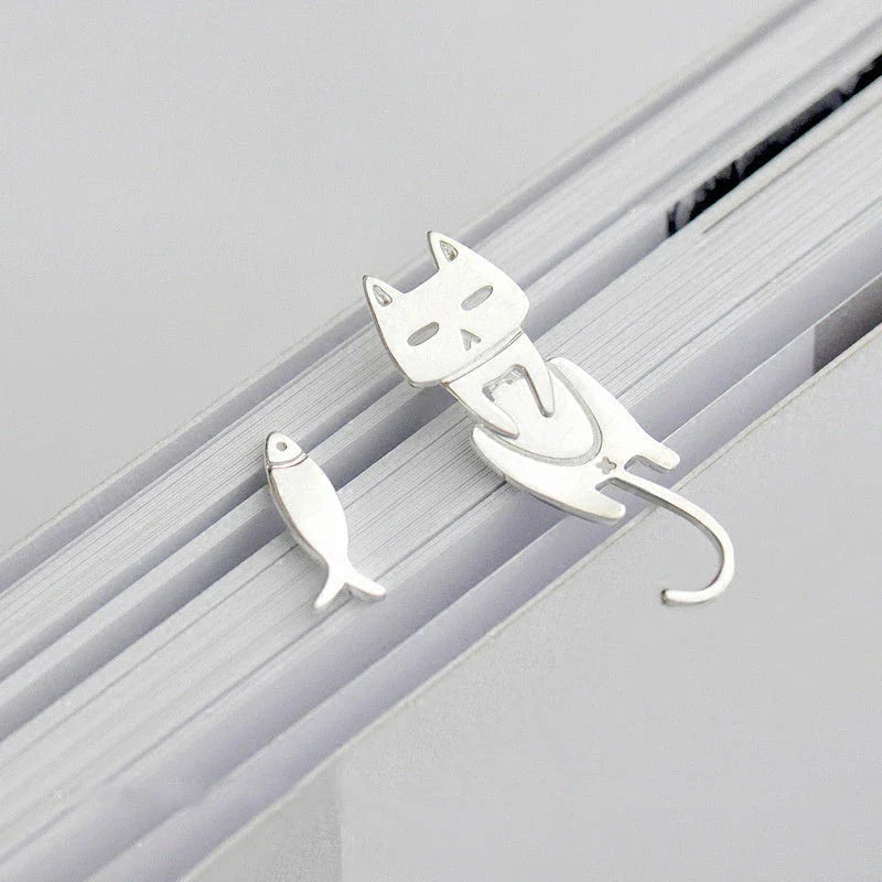 Elegant asymmetric 925 sterling silver stud earrings with cat and fish motifs, a modern and sophisticated accessory
