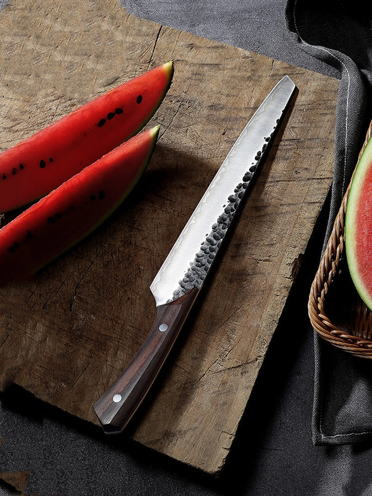 Premium stainless steel watermelon slicer knife with rosewood handle and choice of hammered or smooth finish