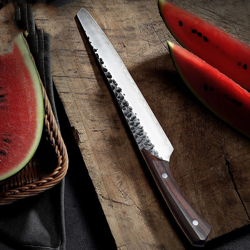 Premium stainless steel watermelon slicer knife with rosewood handle and choice of hammered or smooth finish