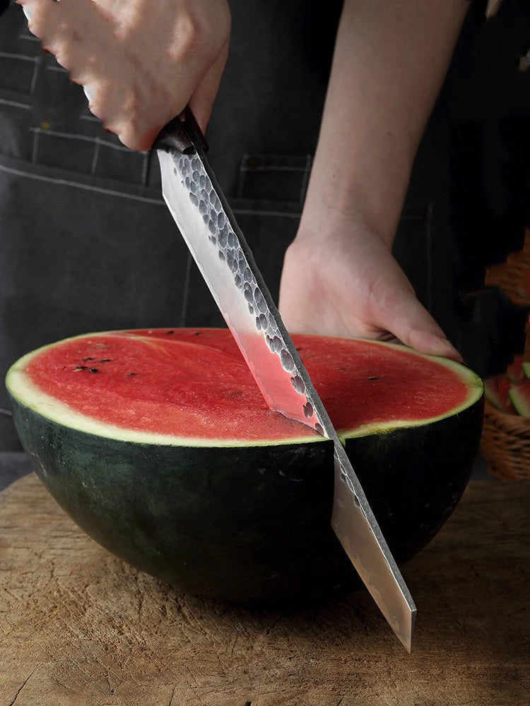 Premium stainless steel watermelon slicer knife with rosewood handle and choice of hammered or smooth finish