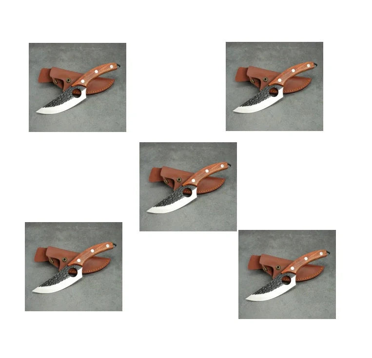 Forged stainless steel boning knife with ergonomic handle and leather sheath