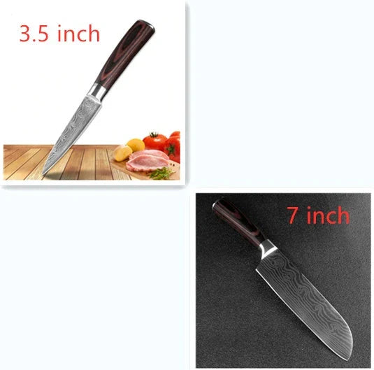 Premium 8-Piece Damascus Steel Kitchen Knife Set with Razor-Sharp Blades and Ergonomic Wooden Handles