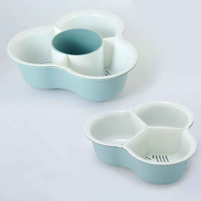 Versatile multi-compartment food organiser basket in various colours and sizes, featuring sturdy construction, detachable design, and Nordic-inspired style for efficient kitchen organisation.