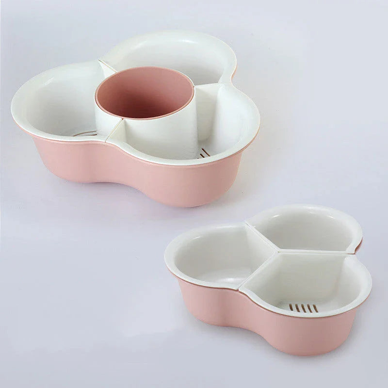 Versatile multi-compartment food organiser basket in various colours and sizes, featuring sturdy construction, detachable design, and Nordic-inspired style for efficient kitchen organisation.