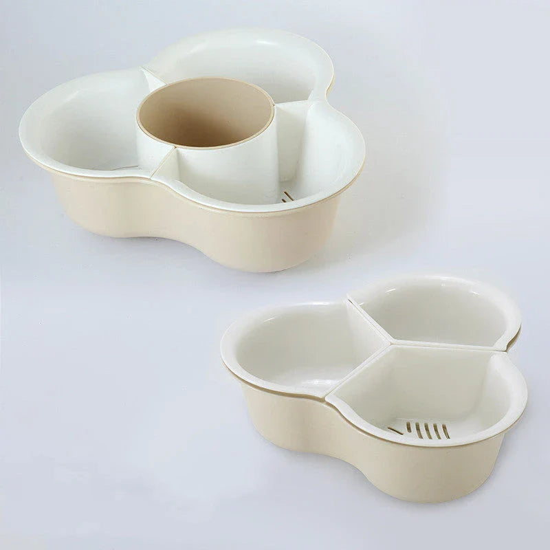 Versatile multi-compartment food organiser basket in various colours and sizes, featuring sturdy construction, detachable design, and Nordic-inspired style for efficient kitchen organisation.