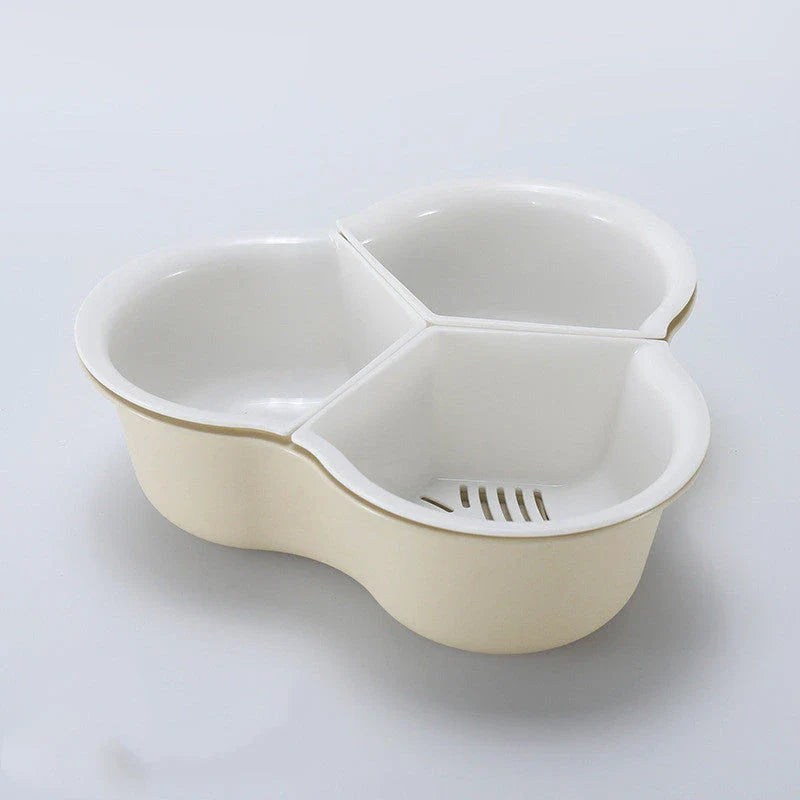 Versatile multi-compartment food organiser basket in various colours and sizes, featuring sturdy construction, detachable design, and Nordic-inspired style for efficient kitchen organisation.
