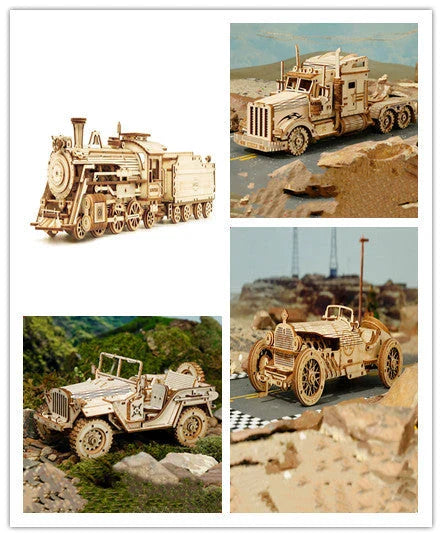 Premium wooden train model kit with detailed components and instructions for DIY assembly