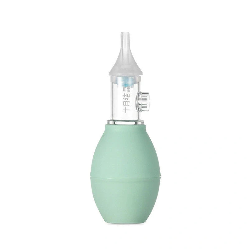 Infant silicone nasal aspirator pump in pink and green, designed for gentle cold relief