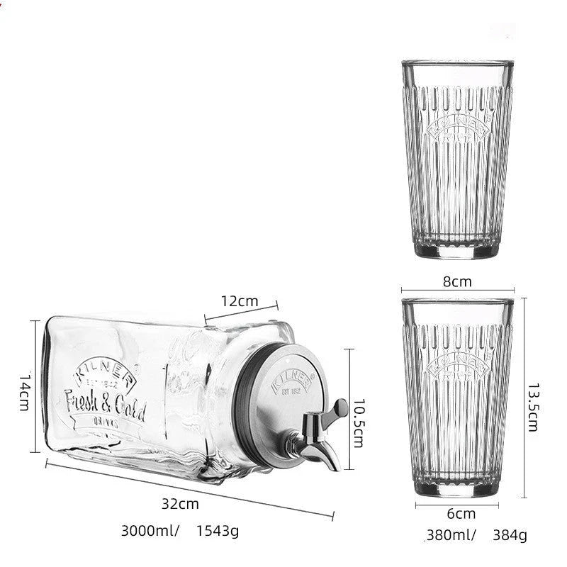 A stylish glass beverage dispenser with a sleek faucet, perfect for serving chilled drinks at home or events.