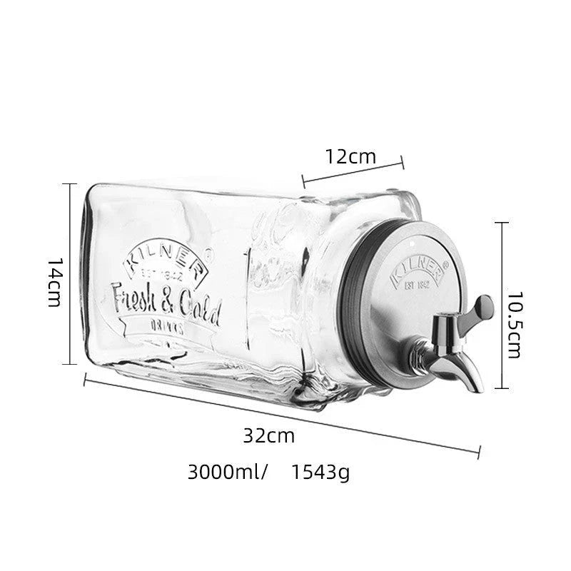 A stylish glass beverage dispenser with a sleek faucet, perfect for serving chilled drinks at home or events.