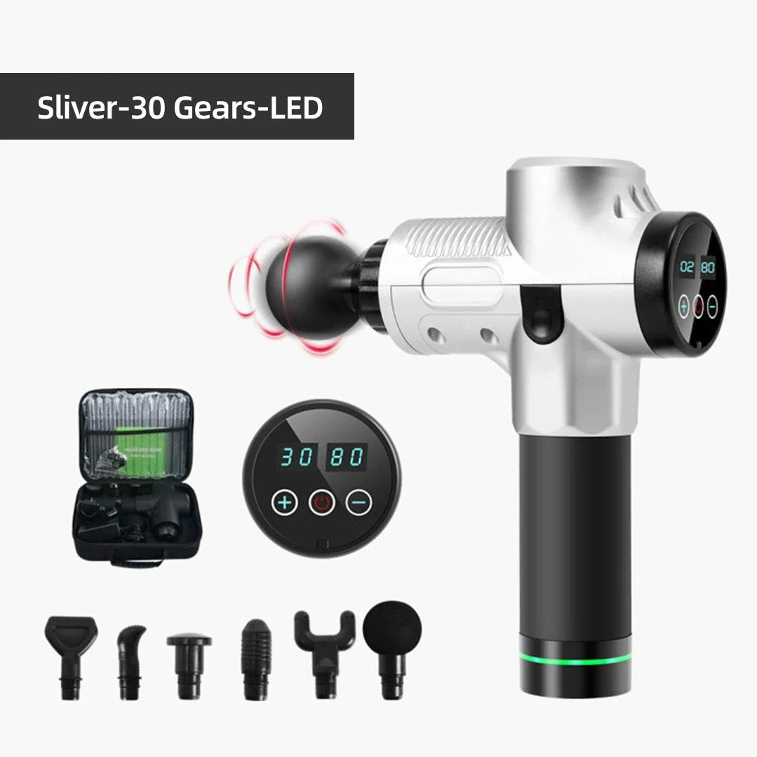 Premium Percussion Massage Gun with Silicone Grip, Adjustable Intensity, and Interchangeable Massage Heads for Deep Tissue Relief