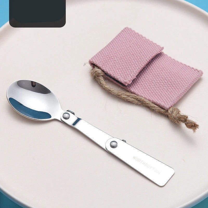 Stainless steel folding spoon set with carrying case, perfect for outdoor camping and picnics