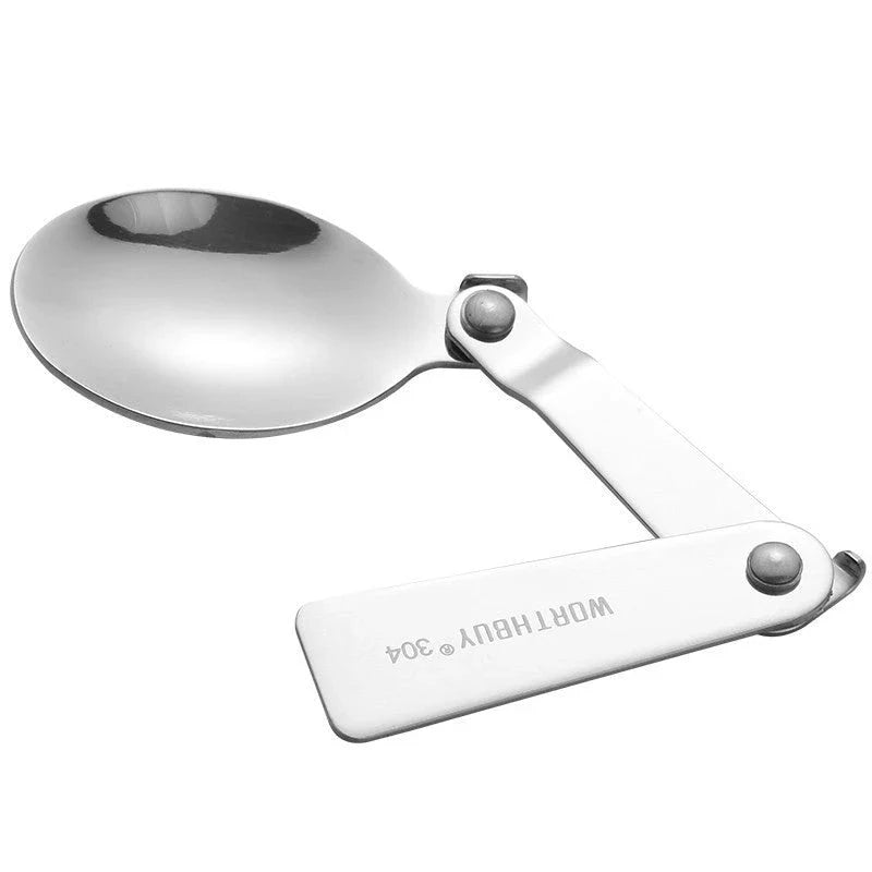 Stainless steel folding spoon set with carrying case, perfect for outdoor camping and picnics
