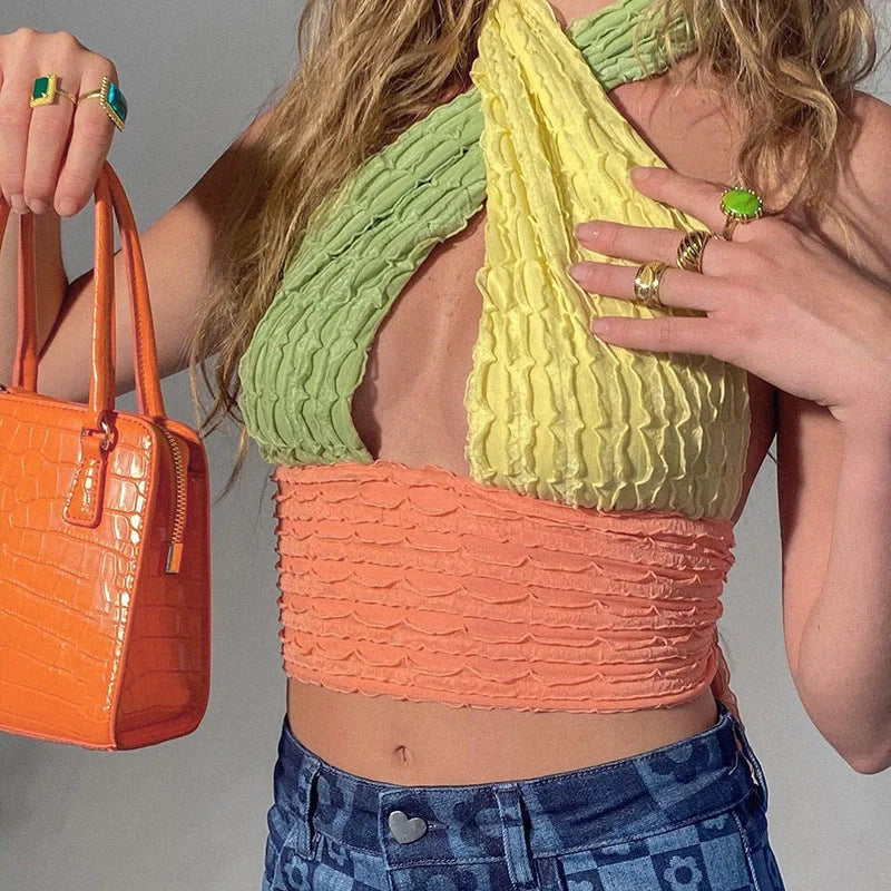Women's patchwork hollow out knit crop top with V-neck design in colorful option