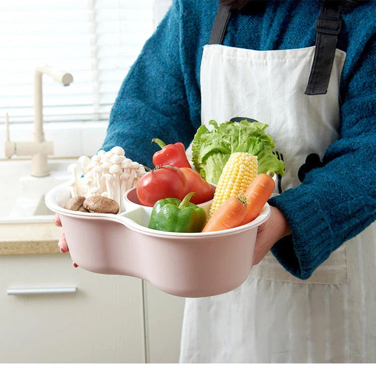 Versatile multi-compartment food organiser basket in various colours and sizes, featuring sturdy construction, detachable design, and Nordic-inspired style for efficient kitchen organisation.