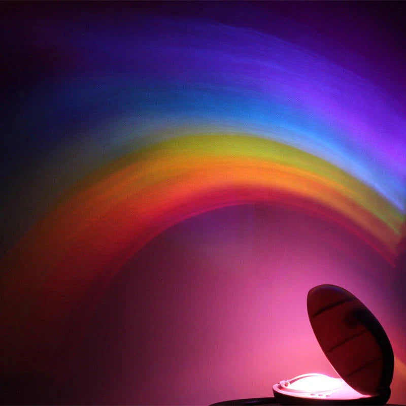 Enchanting rainbow projection lamp with vibrant multi-coloured LED lighting, creating a calming, relaxing atmosphere in the bedroom