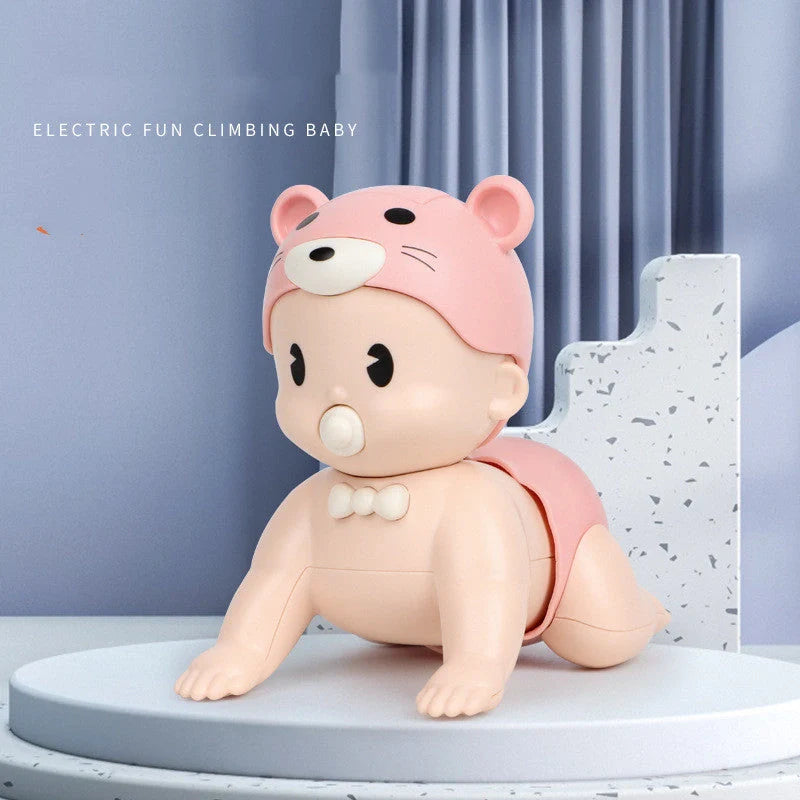 Electric crawler baby doll in blue and pink, encouraging early crawling skills