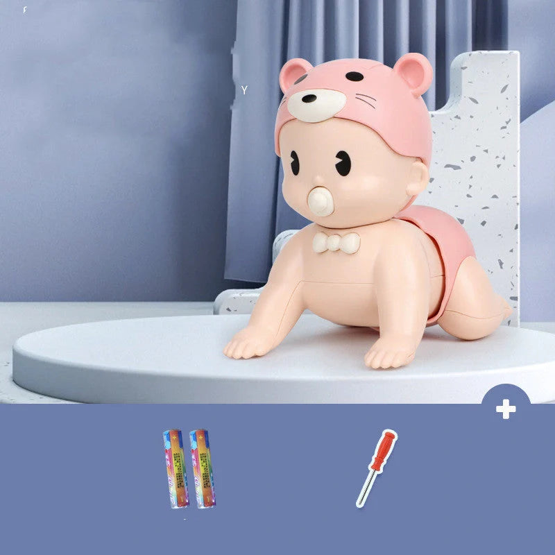 Electric crawler baby doll in blue and pink, encouraging early crawling skills